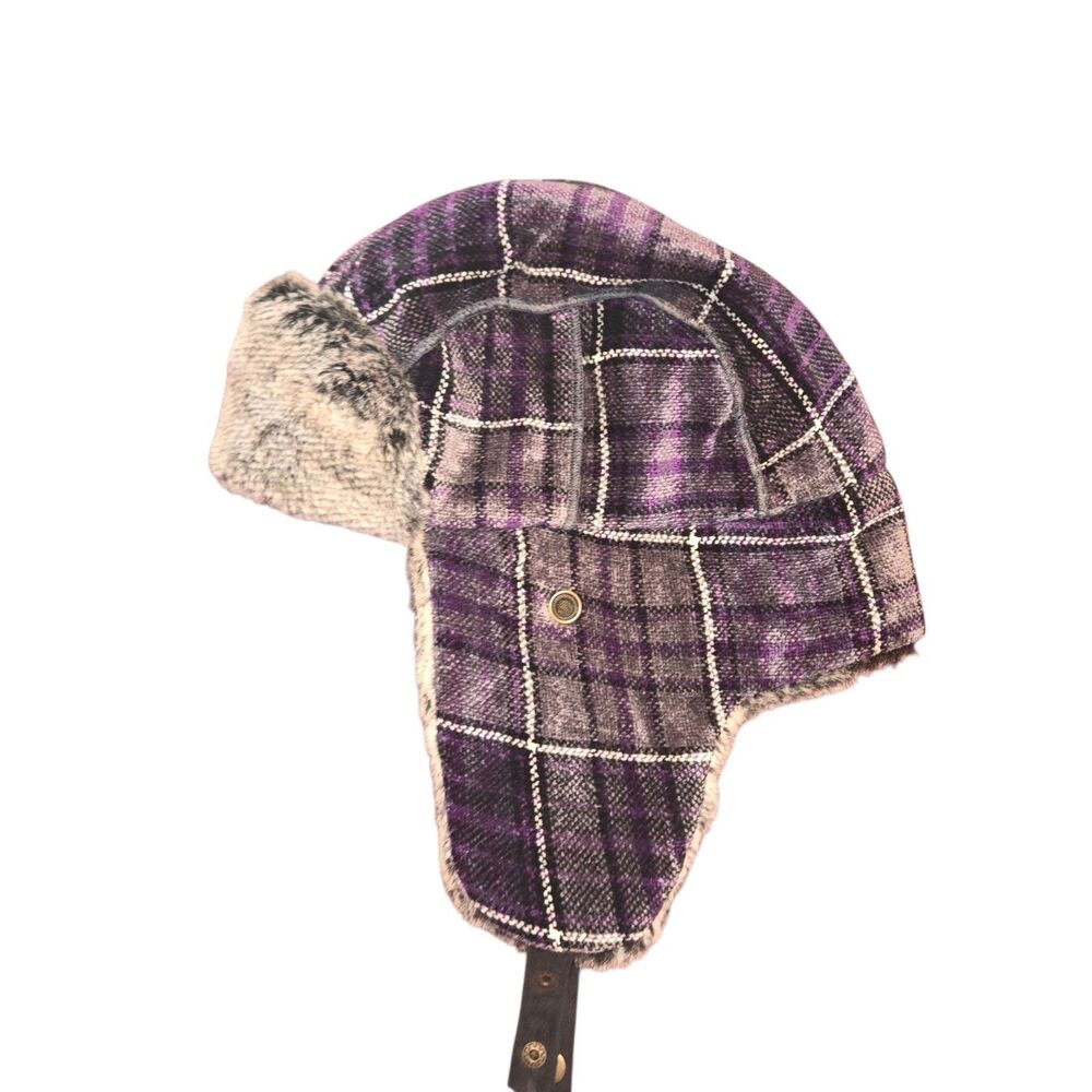 Woolrich Purple Plaid Faux Fur Trapper Hat, Unisex, OSFM